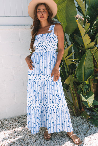 Women's Sky Blue Floral Tied Straps Summer Maxi Dress