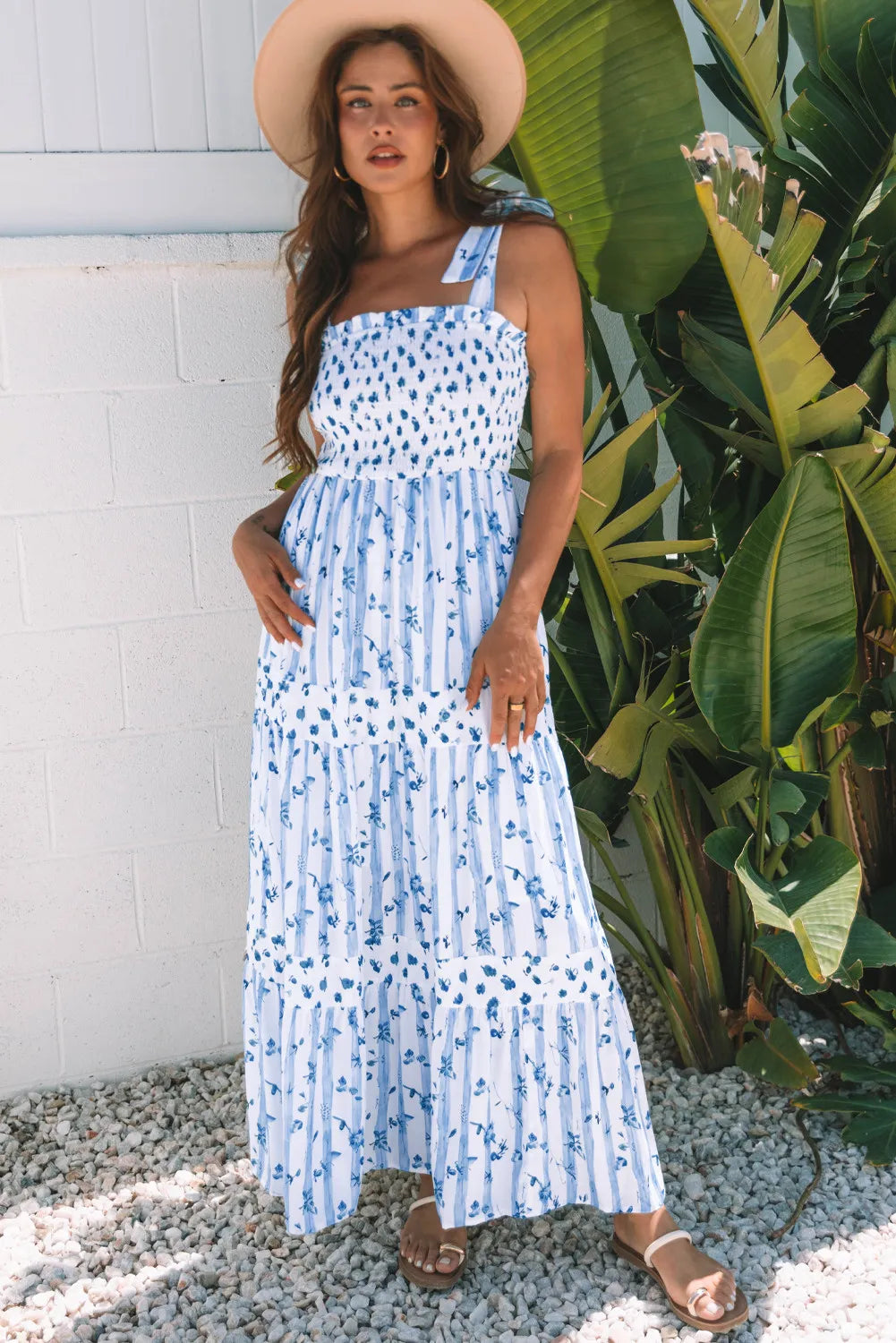 Sky Blue Floral Smocked Maxi Dress with Tie Straps