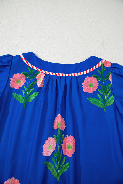 Women's Blue Floral Short Sleeve Split Neck Loose Summer Mini Dress