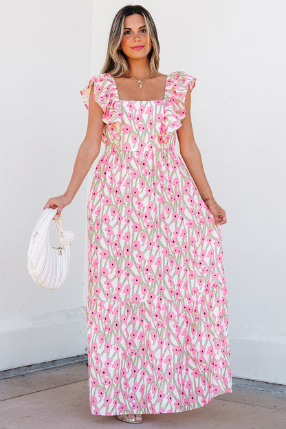 Women's Pink Floral Square Neck Summer Maxi Dress