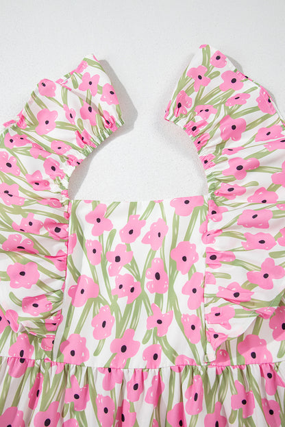 Women's Pink Floral Square Neck Summer Maxi Dress