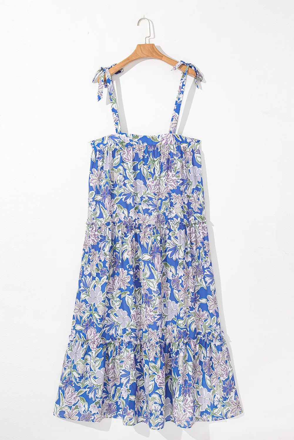 Sky Blue Floral Maxi Dress with Ruffle Tiers and Tie Straps