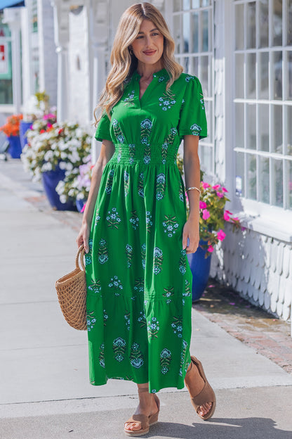 Women's Green Floral High Waist Summer Maxi Dress