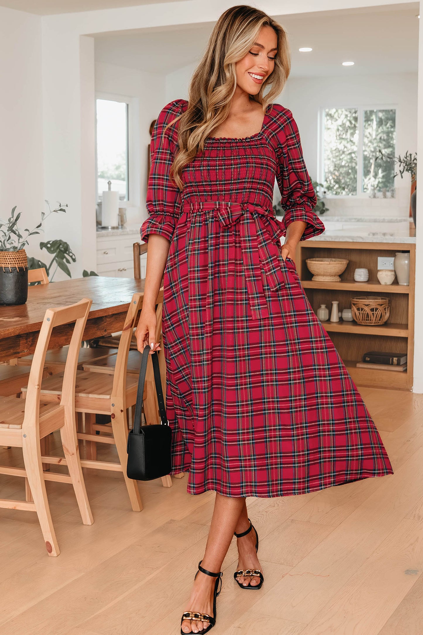 Women's Red Square Neck Puff Sleeve Summer Midi Dress