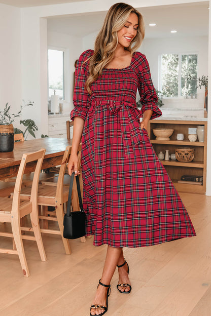 Women's Red Square Neck Puff Sleeve Summer Midi Dress