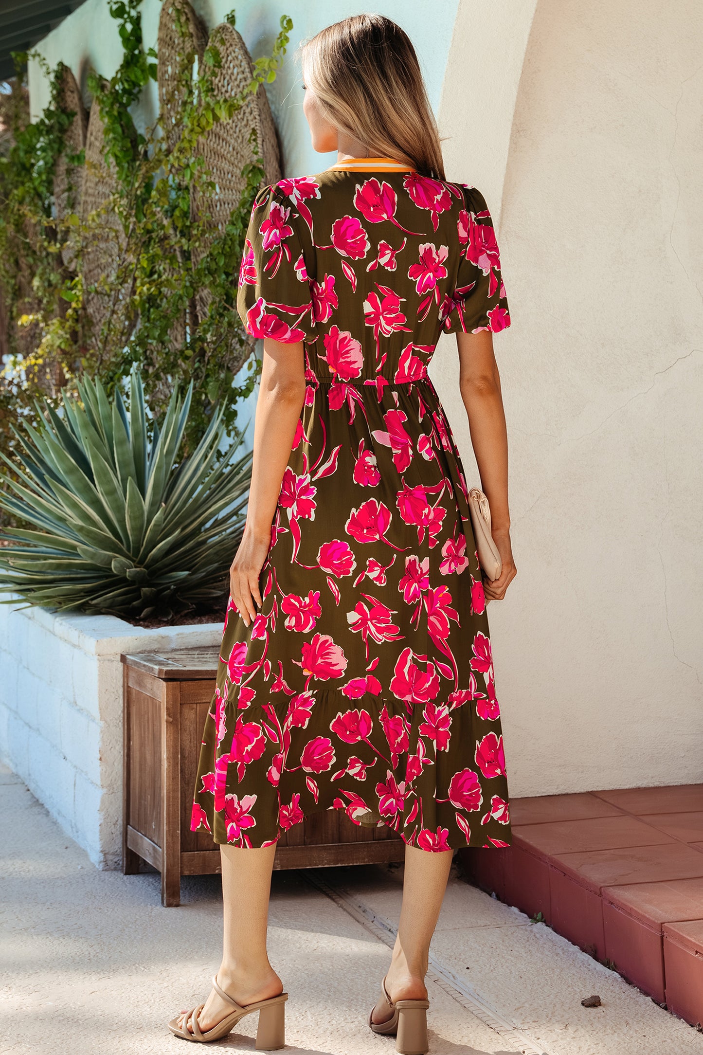 Women's Green Floral Trim Split Neck Short Puff Sleeve Summer Midi Dress
