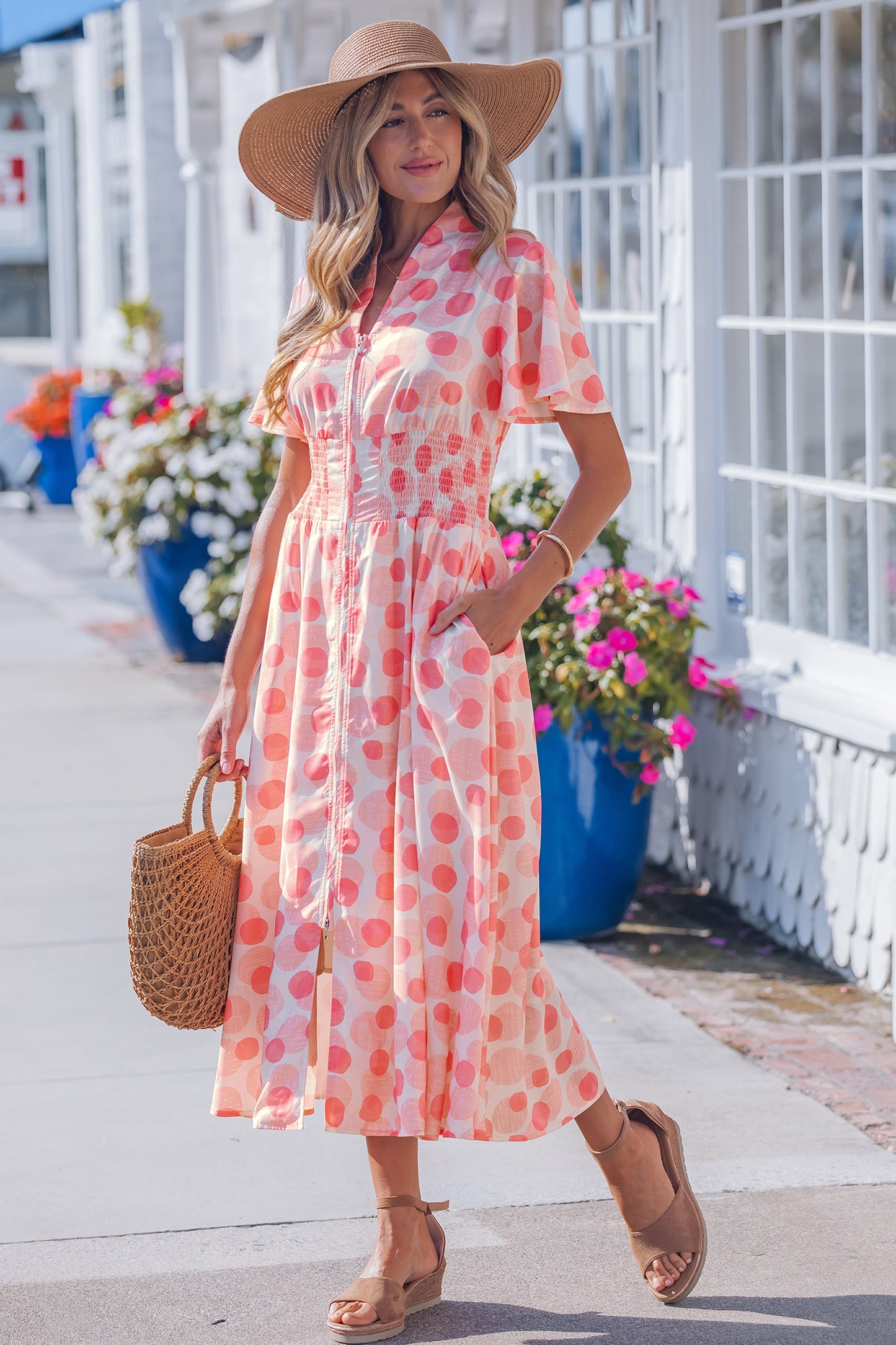 Women's Pink Polka Dot Ruffle Sleeve Summer Midi Dress