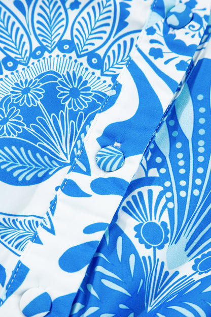 Women's Blue Retro Floral Print Waist Ruffled Summer Mini Dress