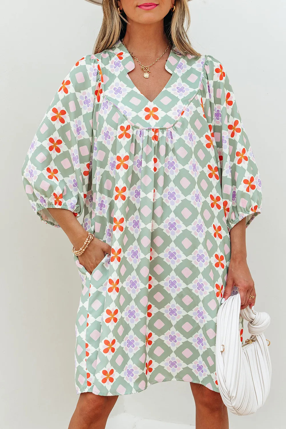 Green Floral Geometric Mini Dress