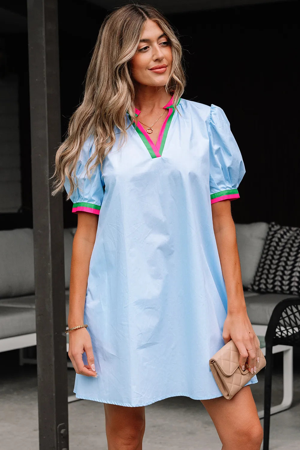 Sky Blue Cotton Puff Sleeve Mini Dress with Colourblock Trim