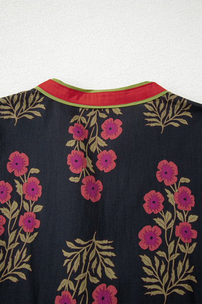 Women's Black Floral Button Down Belted Short Puff Sleeve Mini Dress