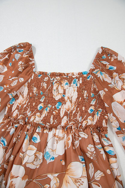 Women's Brown Floral Square Neck Summer Midi Dress
