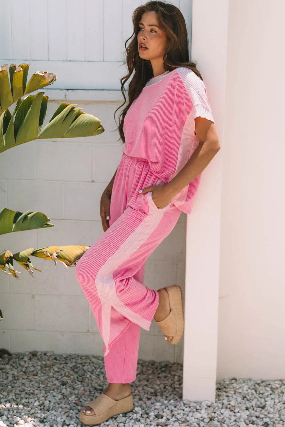 Ribbed Colourblock Co-ord Set with Wide-Leg Trousers