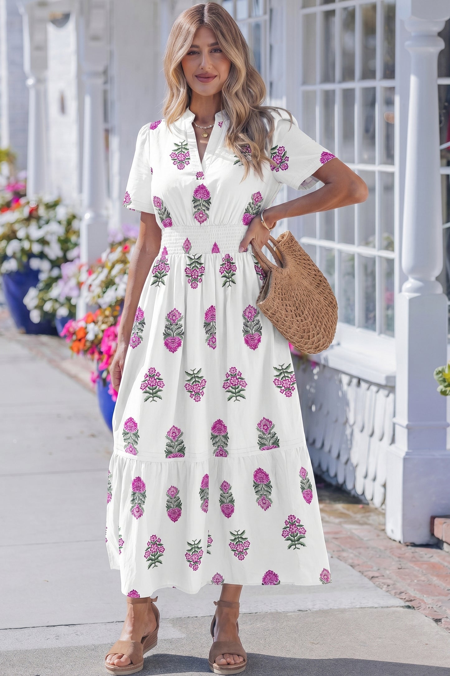 Women's White Floral Split Neck Summer Maxi Dress