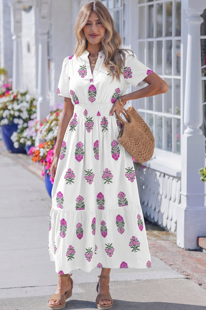 Women's White Floral Split Neck Summer Maxi Dress