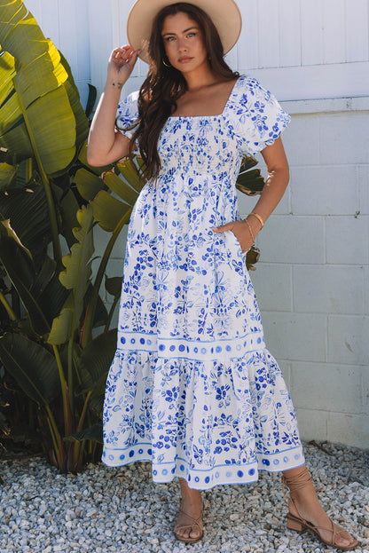 Women's Blue Floral Square Neck Bubble Sleeve Summer Maxi Dress