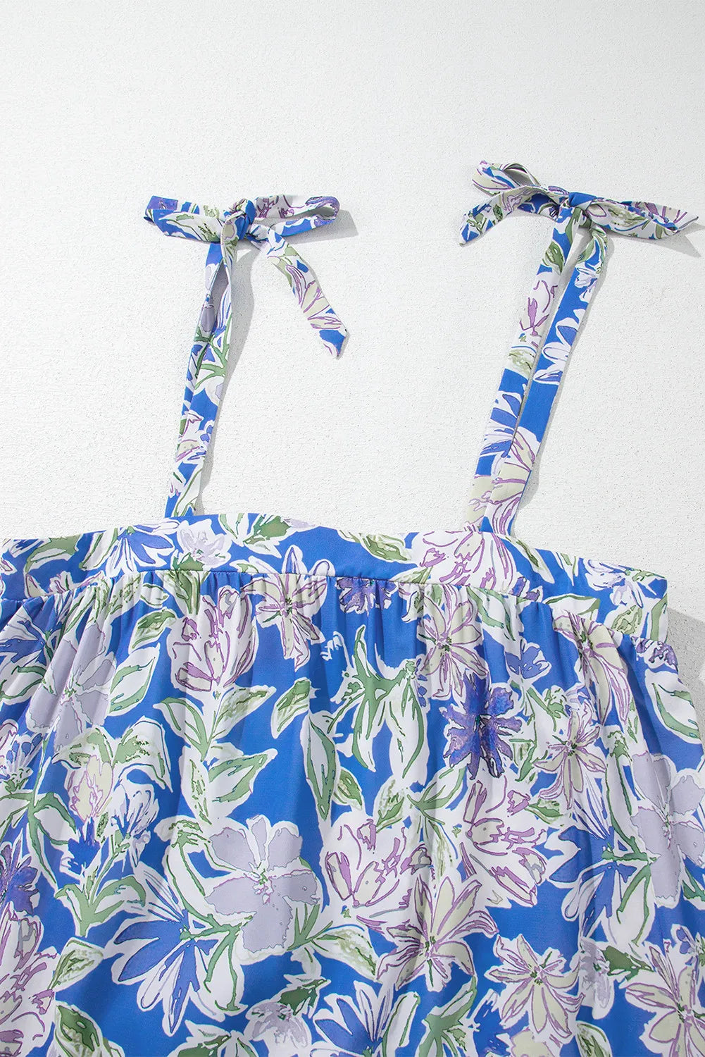 Sky Blue Floral Maxi Dress with Ruffle Tiers and Tie Straps