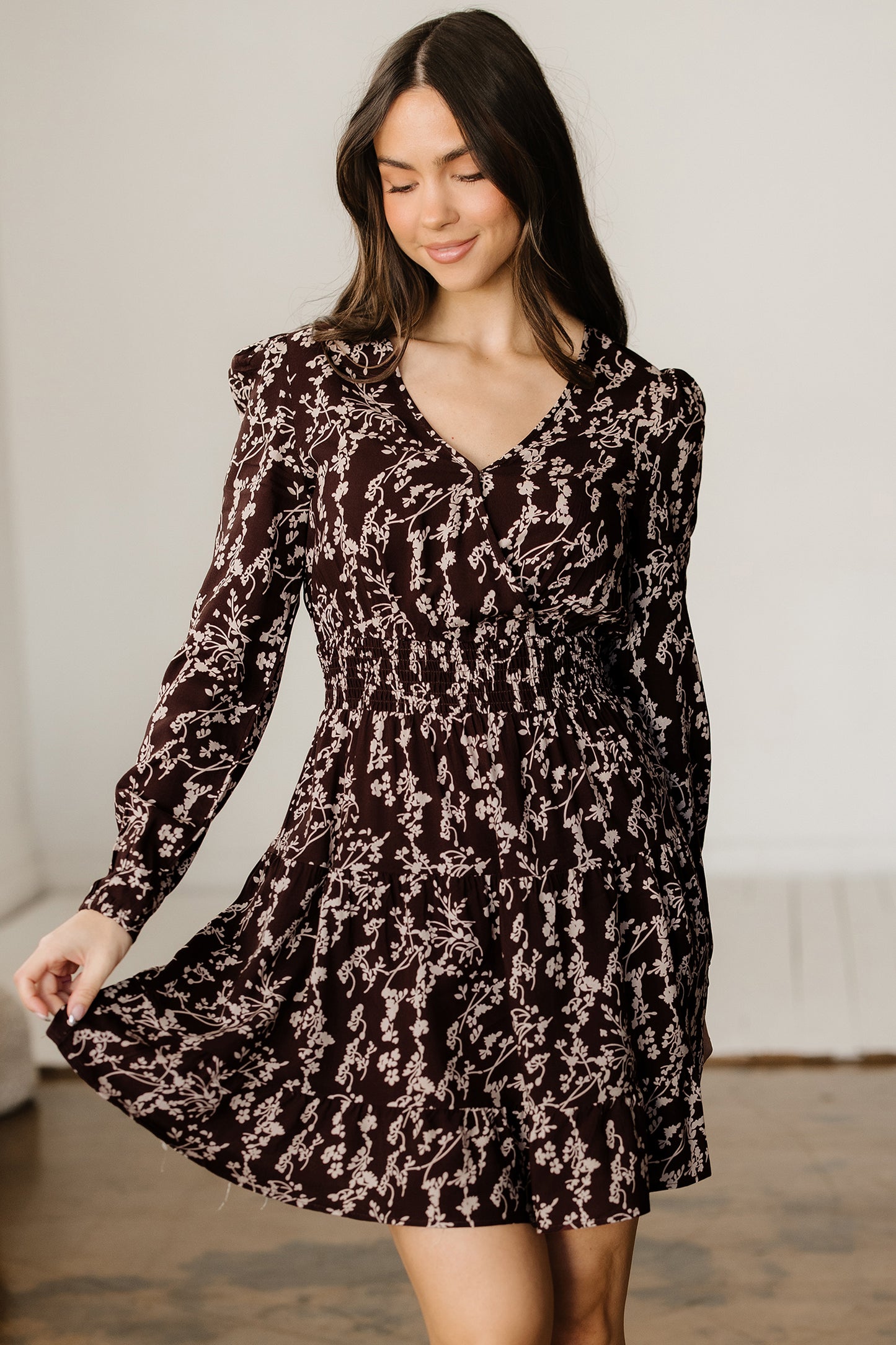 Women's Brown Floral Long Sleeve Summer Mini Dress