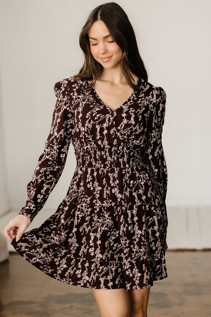 Women's Brown Floral Long Sleeve Summer Mini Dress