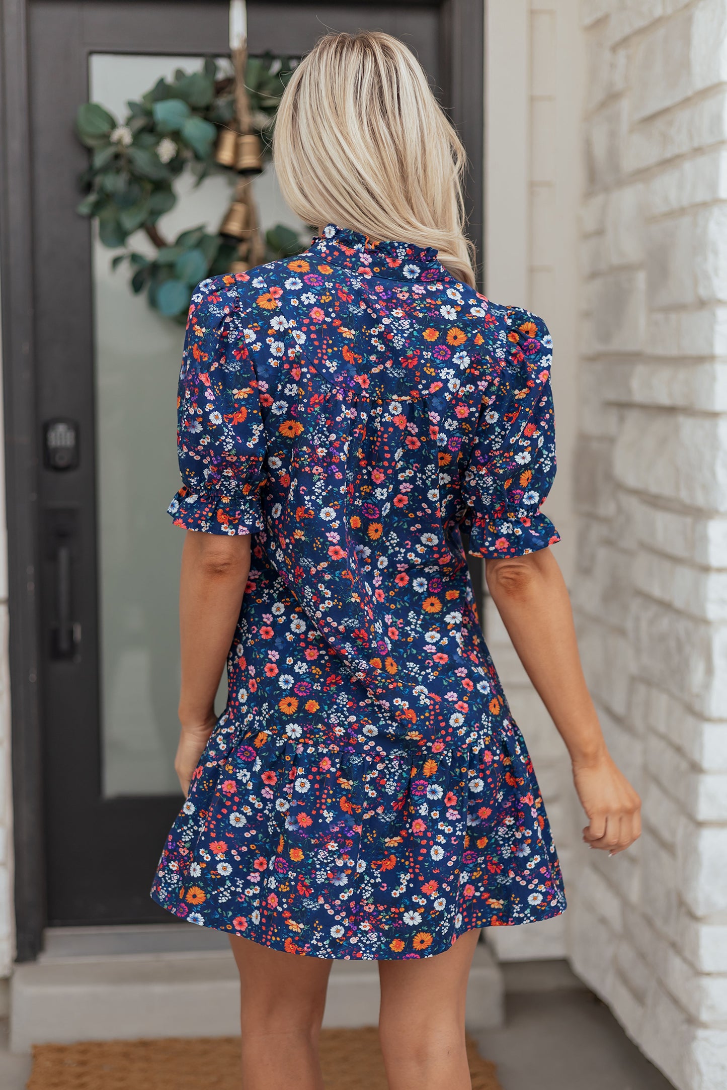 Women's Blue Floral Split Neck Short Puff Sleeve Summer Mini Dress