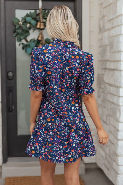 Women's Blue Floral Split Neck Short Puff Sleeve Summer Mini Dress