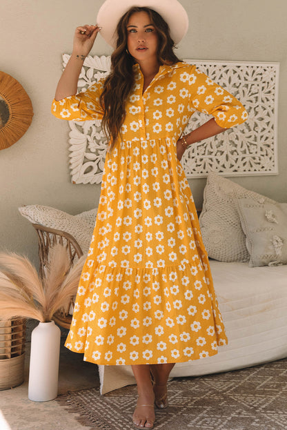Women's Yellow Flower Bracelet Sleeve Buttons Collared Summer Midi Dress