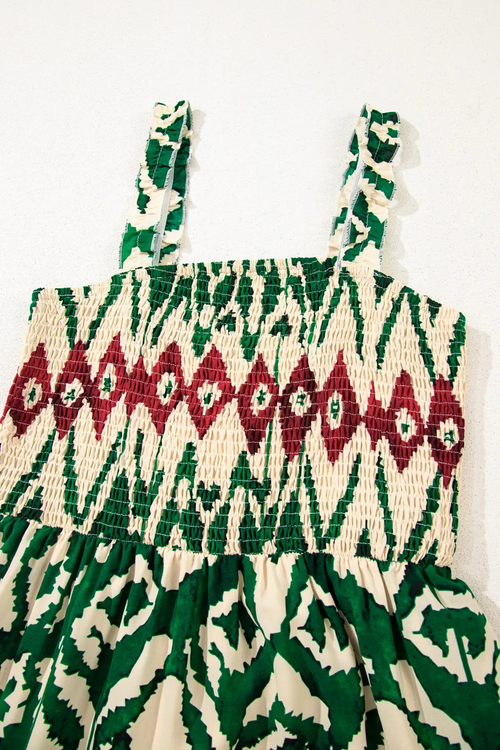 Green Aztec Print Shirred Maxi Dress