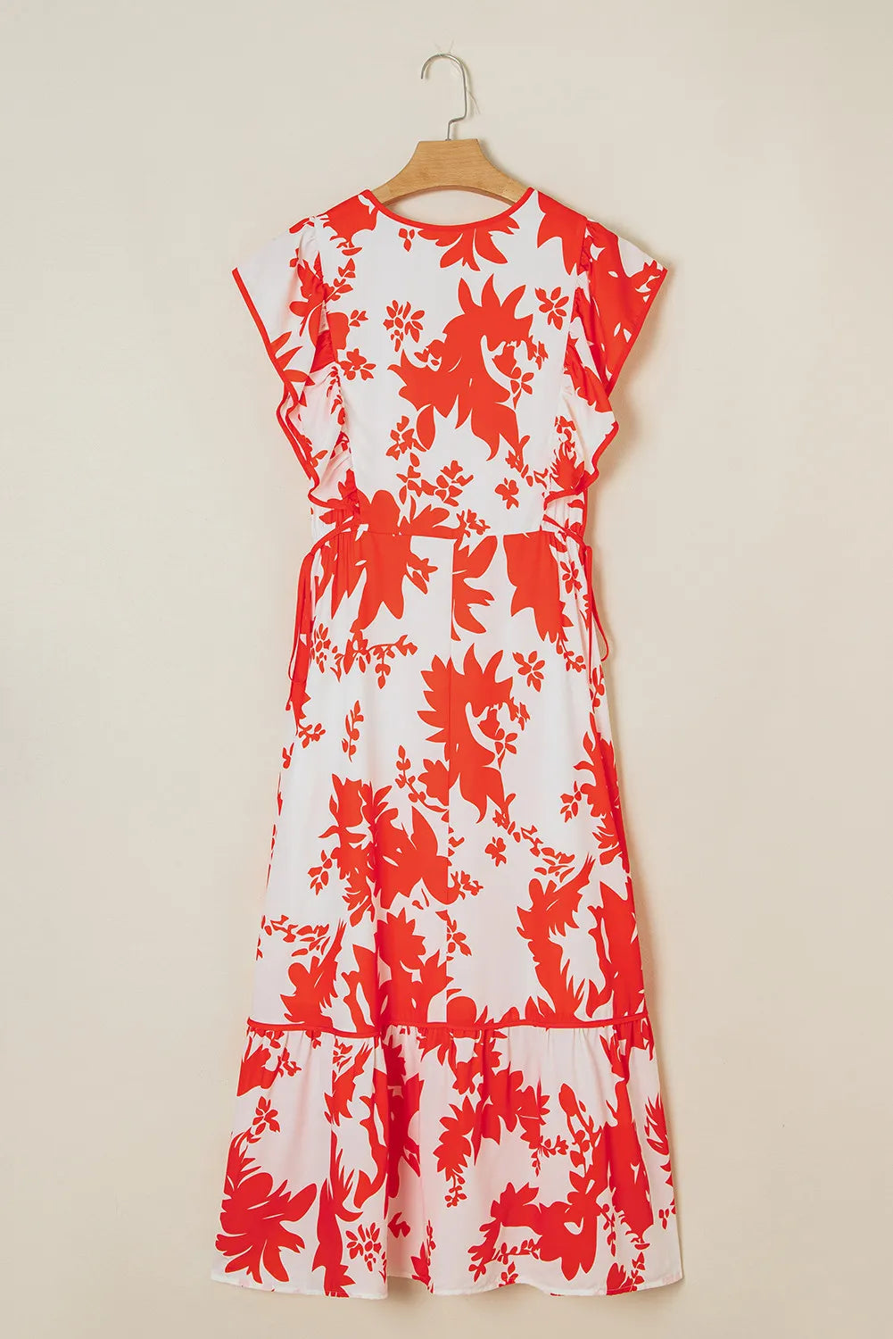 Red Floral Maxi Dress with Ruffle Sleeves and Pockets