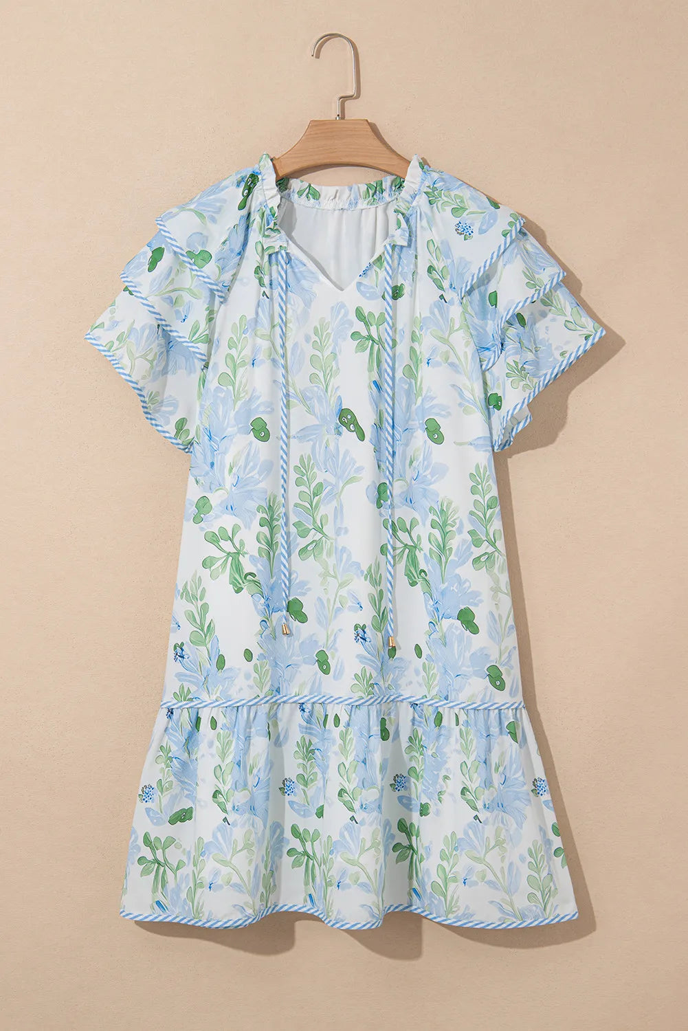 Floral Mini Dress with Contrast Trim and Ruffle Sleeves