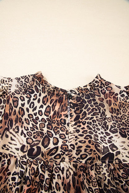 Women's Brown Leopard Ruffled Detail Long Sleeve Summer Mini Dress