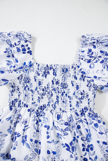 Women's Blue Floral Square Neck Bubble Sleeve Summer Maxi Dress