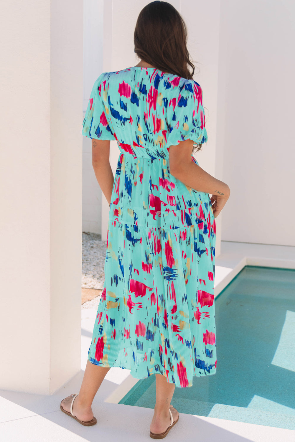 Women's Blue Short Puff Sleeve Summer Midi Dress