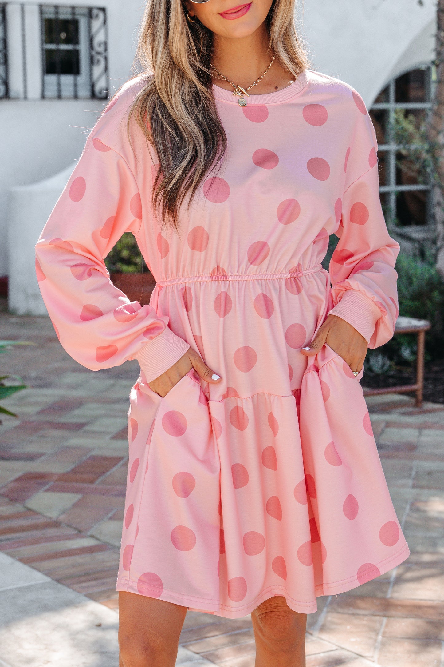 Women's Pink Polka Dot Long Sleeve Summer Mini Dress