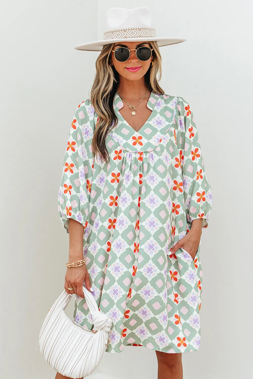 Green Floral Geometric Mini Dress