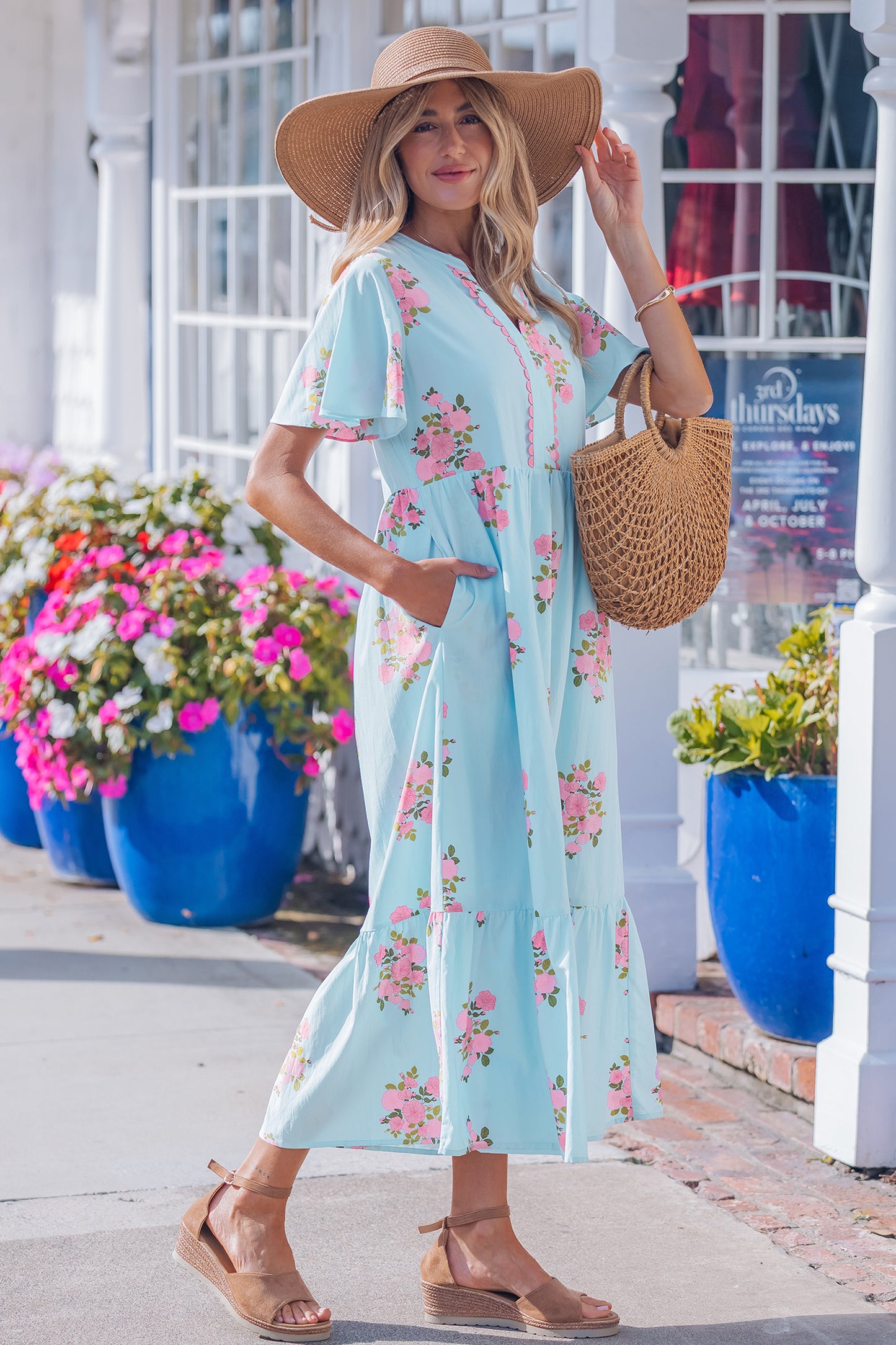 Women's Sky Blue Flutter Short Sleeve Floral Summer Maxi Dress