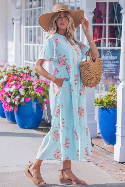 Women's Sky Blue Flutter Short Sleeve Floral Summer Maxi Dress