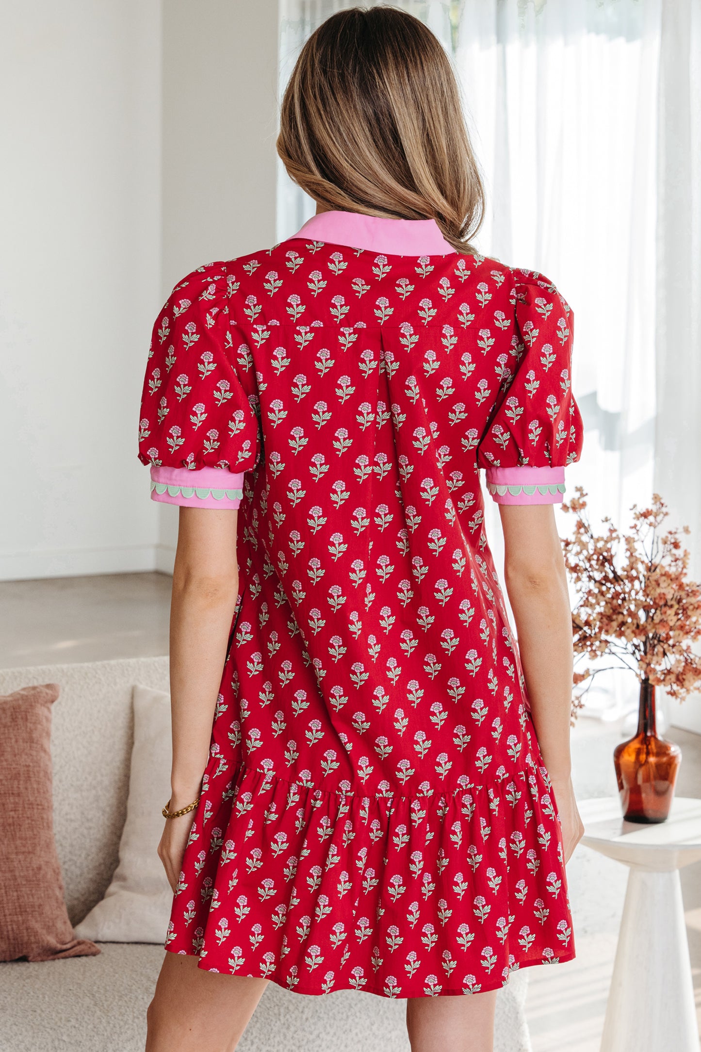 Women's Red Floral V Neck Short Sleeve Summer Mini Dress