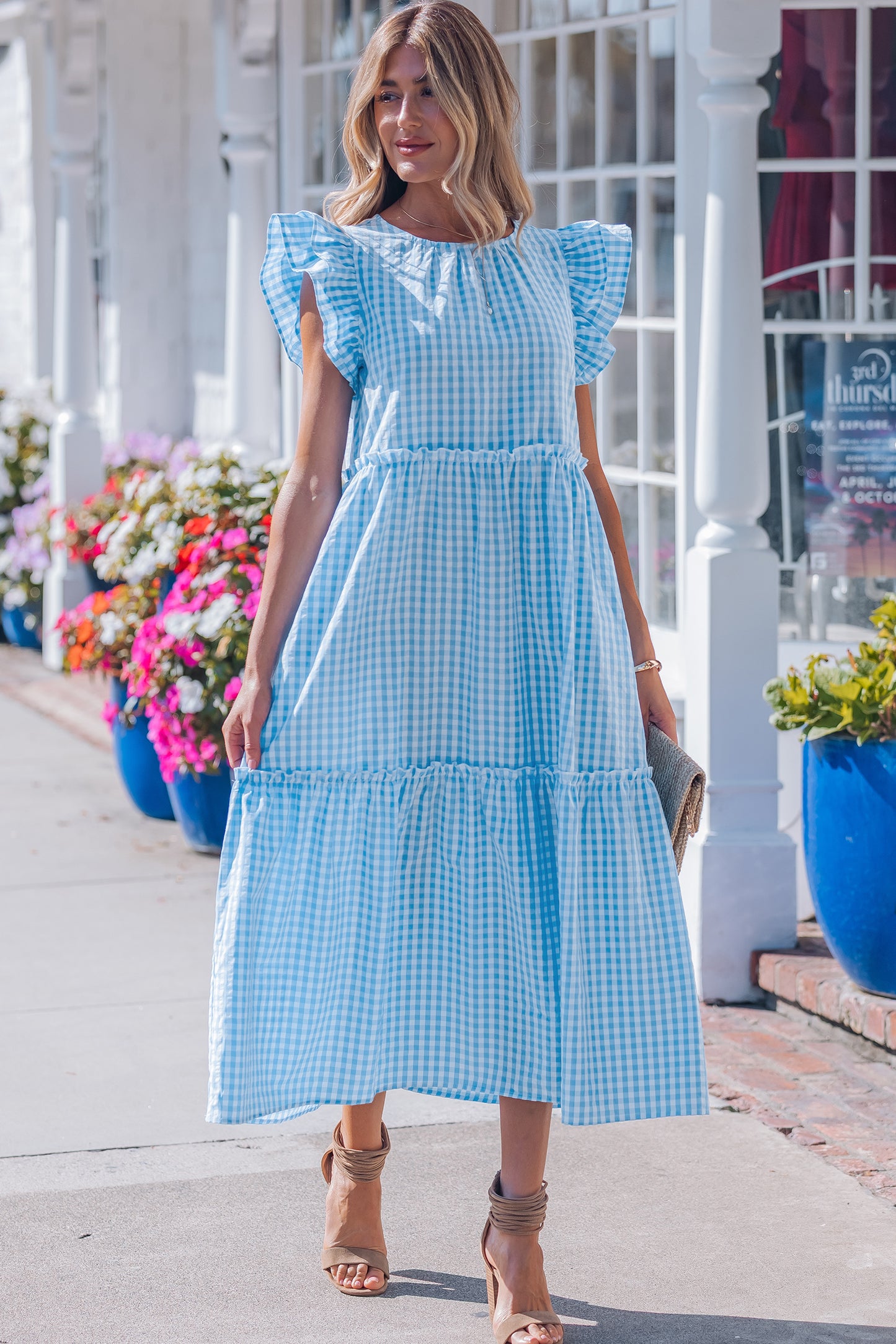 Women's Blue Knot Back Ruffled Short Sleeve Summer Maxi Dress