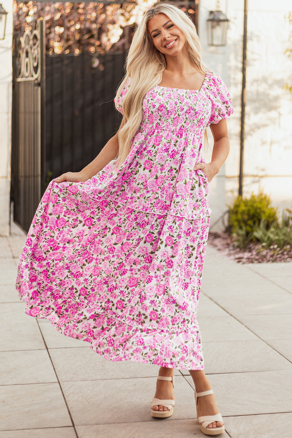 Women's Pink Floral Puff Sleeve Summer Midi Dress