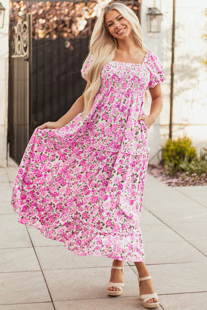 Women's Pink Floral Puff Sleeve Summer Midi Dress