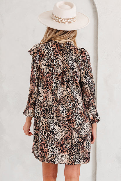 Women's Brown Leopard Ruffled Detail Long Sleeve Summer Mini Dress