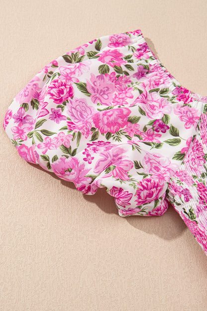 Women's Pink Floral Puff Sleeve Summer Midi Dress