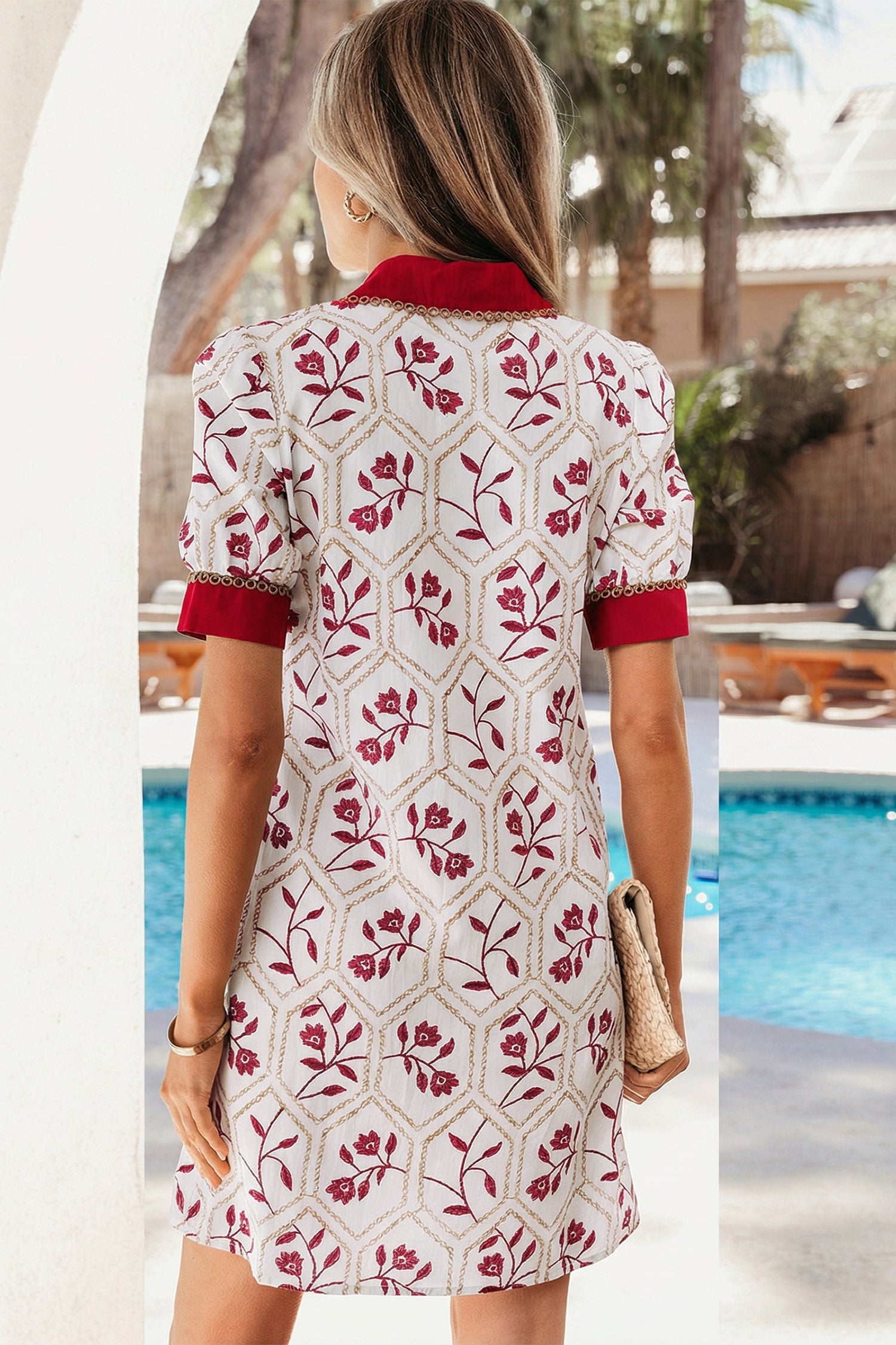 Red Geometric Floral Cotton Mini Dress for Women