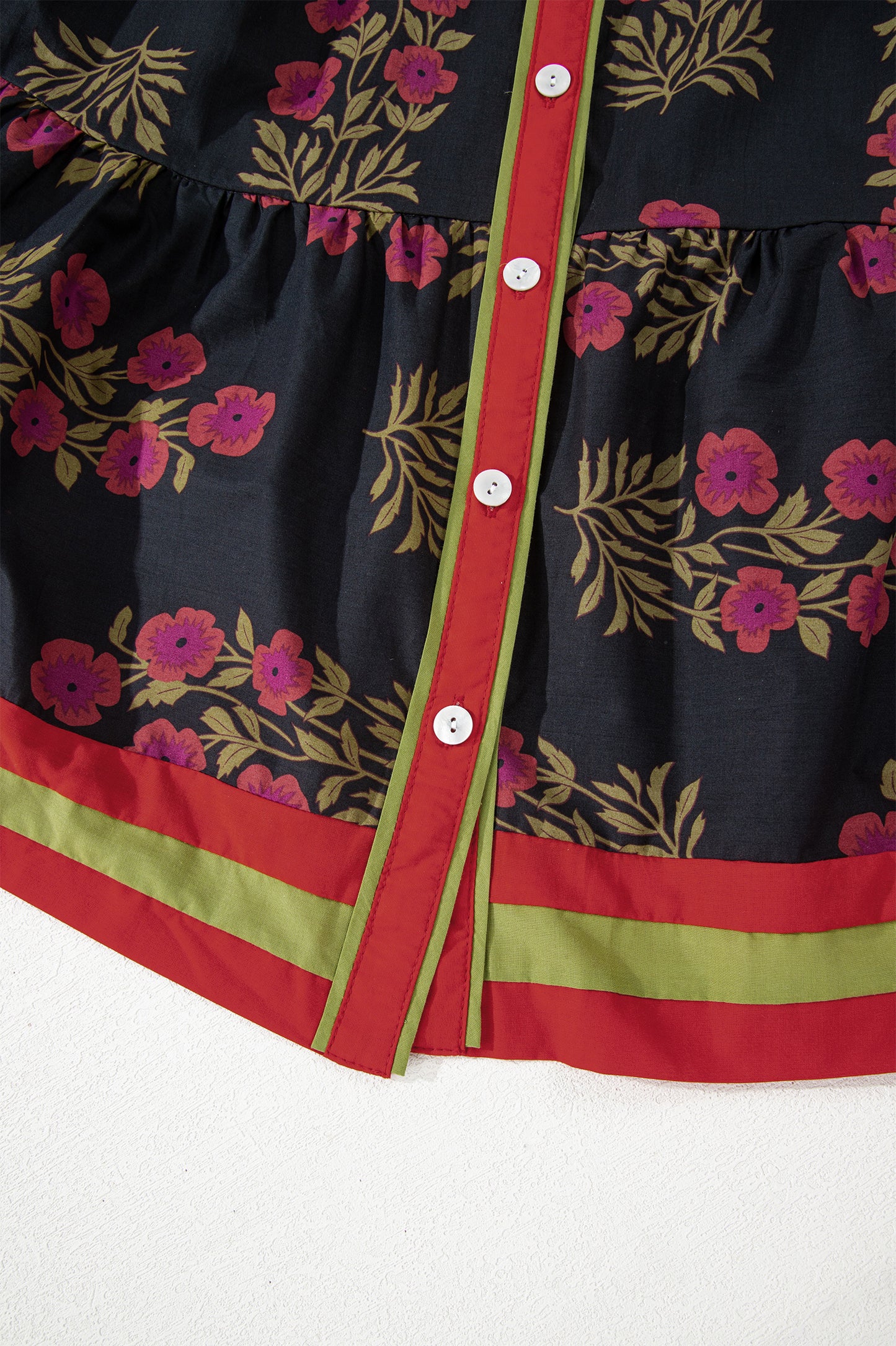 Women's Black Floral Button Down Belted Short Puff Sleeve Mini Dress
