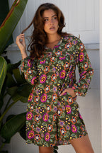 Green Floral Print Split Neck Bubble Sleeve Shift Mini Dress