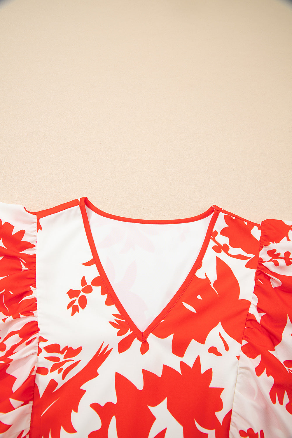 Women's Red Floral V Neck Ruffle Sleeve Summer Midi Dress
