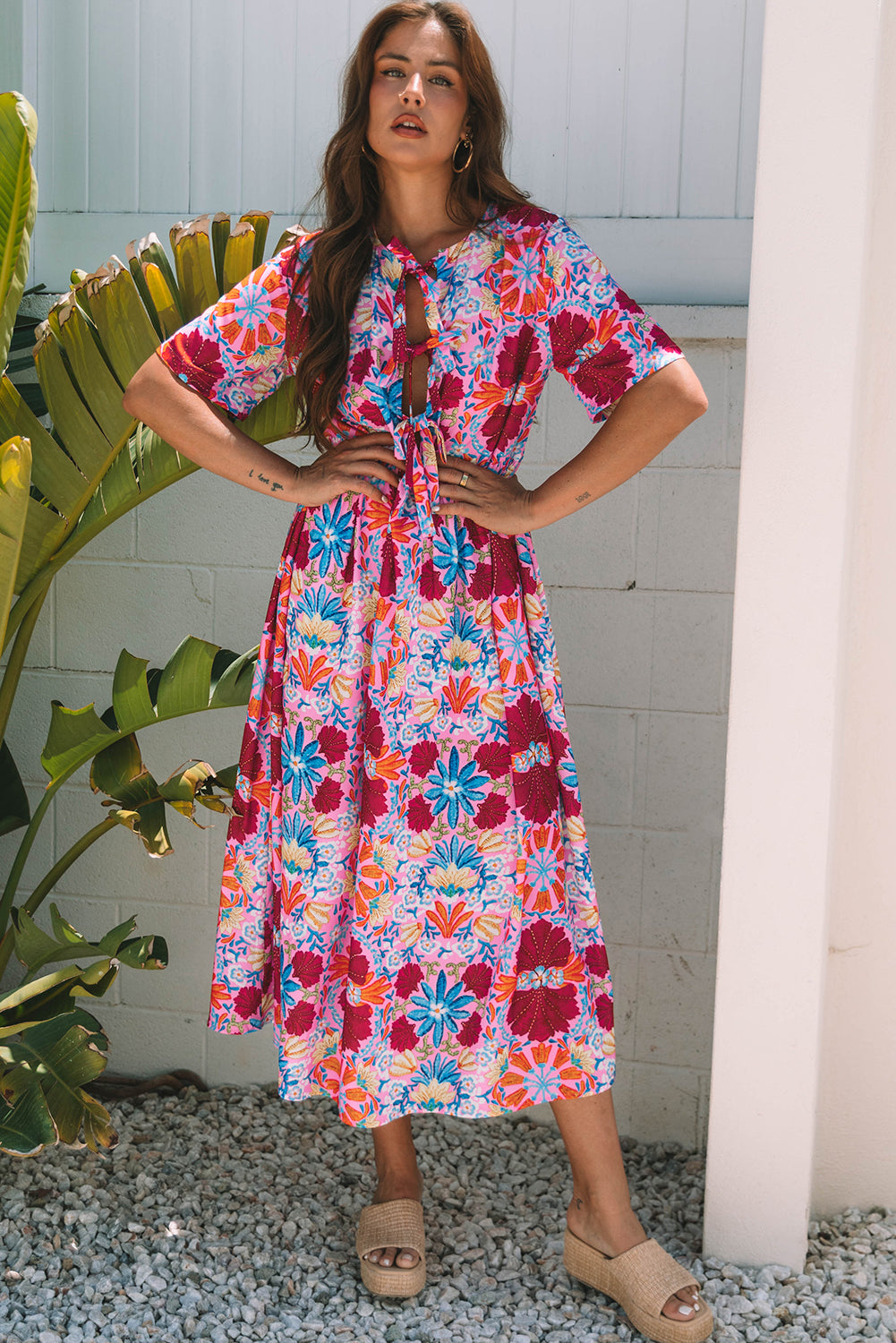 Women's Pink Floral Short Sleeve Summer Midi Dress