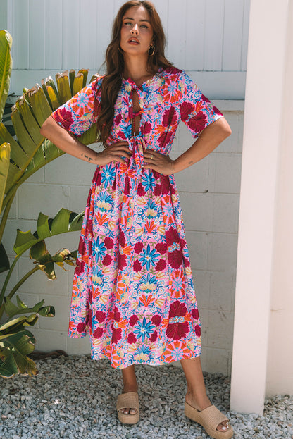 Women's Pink Floral Short Sleeve Summer Midi Dress