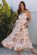 Orange Multi Print Maxi Dress with Ricrac Trim