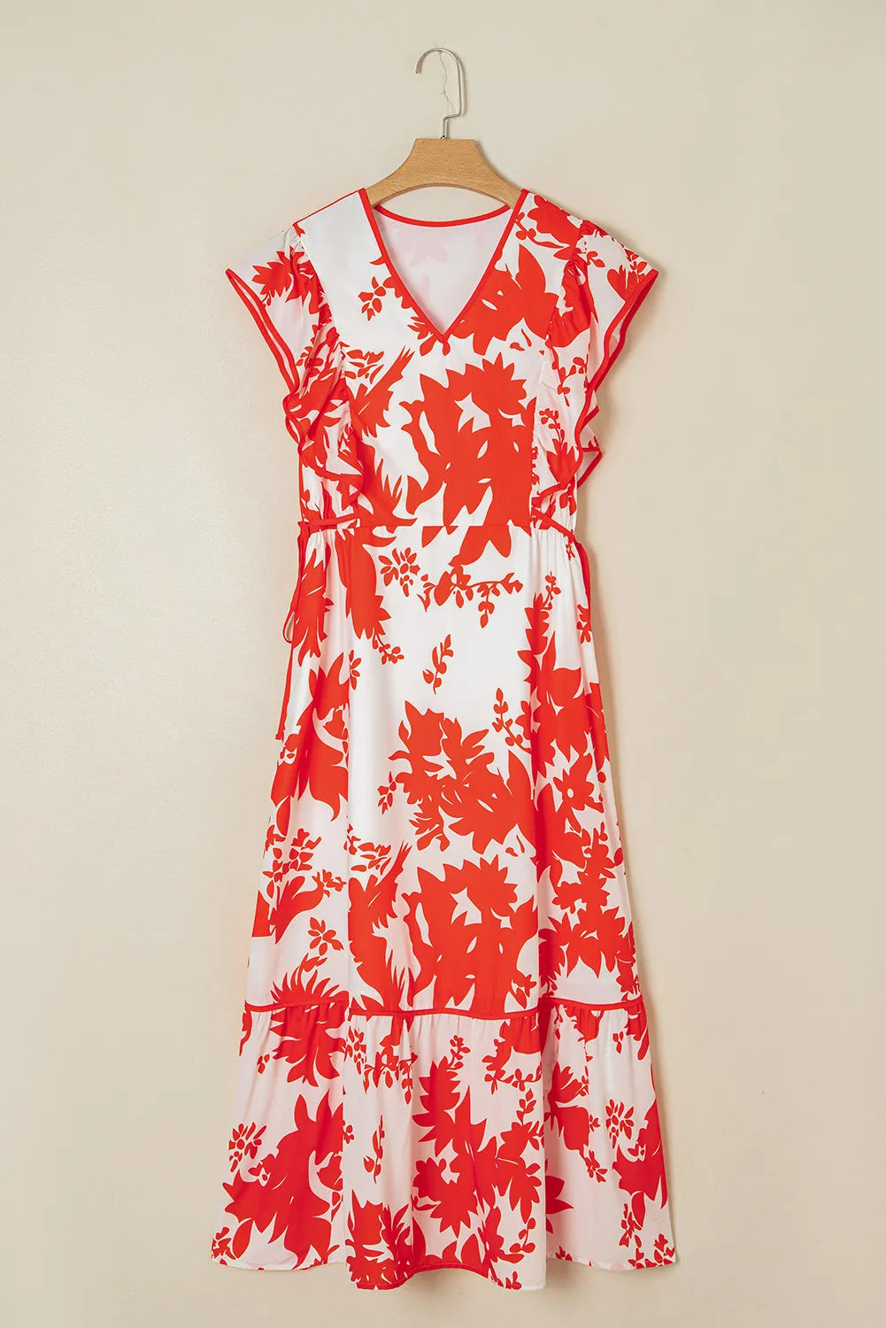 Red Floral Maxi Dress with Ruffle Sleeves and Pockets